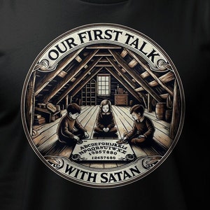 Our First Talk With Satan T-Shirt, Horror Movie Shirt, Funny Dark Humor Shirt, Horror Shirt, Vintage Children&#39;s Activity Book T Shirt Gift