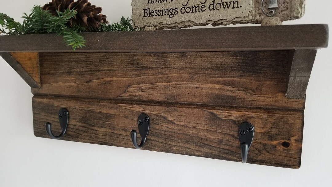 Rustic Wood Shelf With Hooks, Wood Shelf With Hooks, Towel Rack With Shelf, Key Rack With Shelf