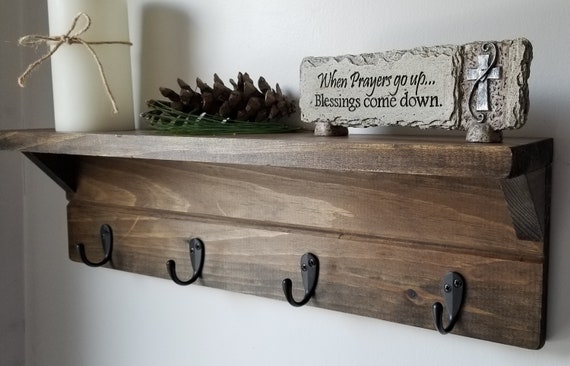 Rustic Wood Shelf With Hooks, Wood Shelf With Hooks, Entryway