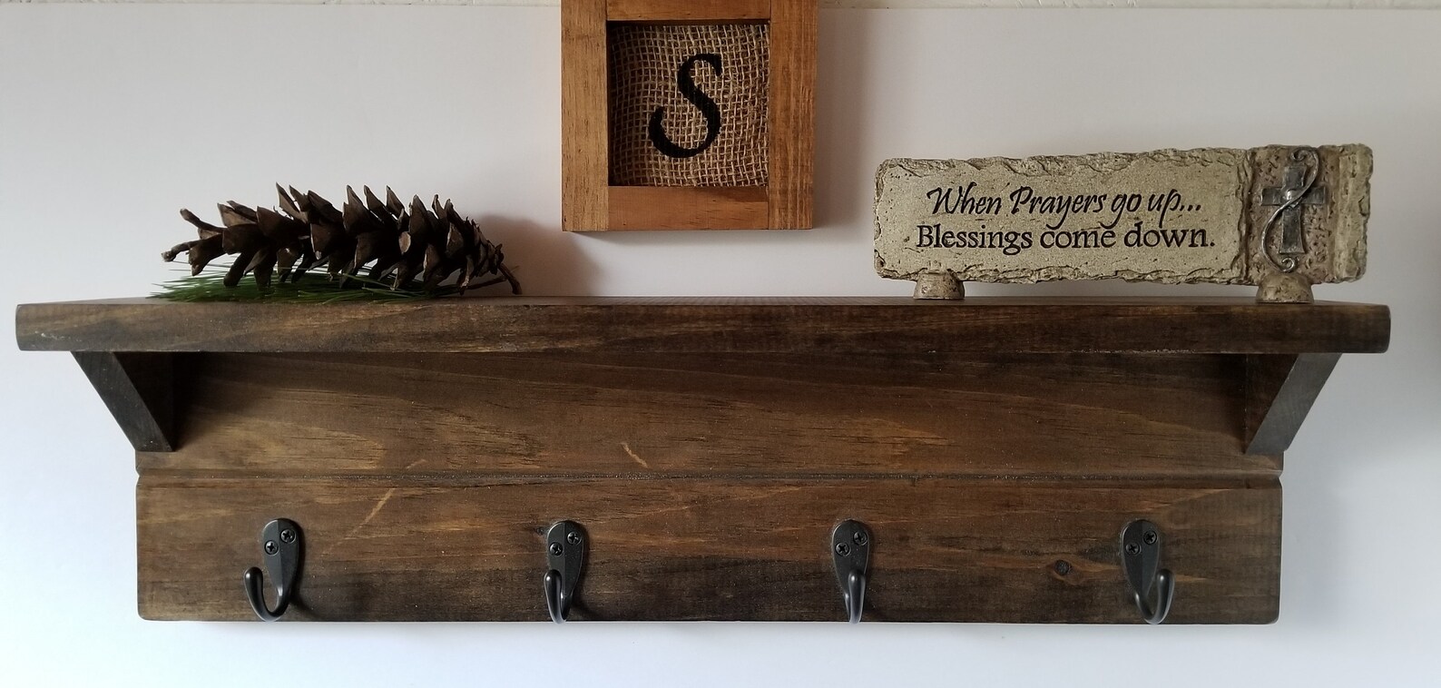 Rustic wood shelf with hooks wood shelf with hooks entryway Etsy