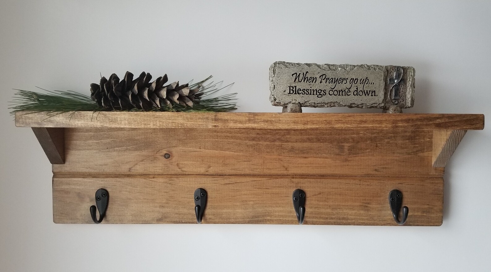 Rustic Wood Shelf With Hooks Wood Shelf With Hooks Entryway Etsy