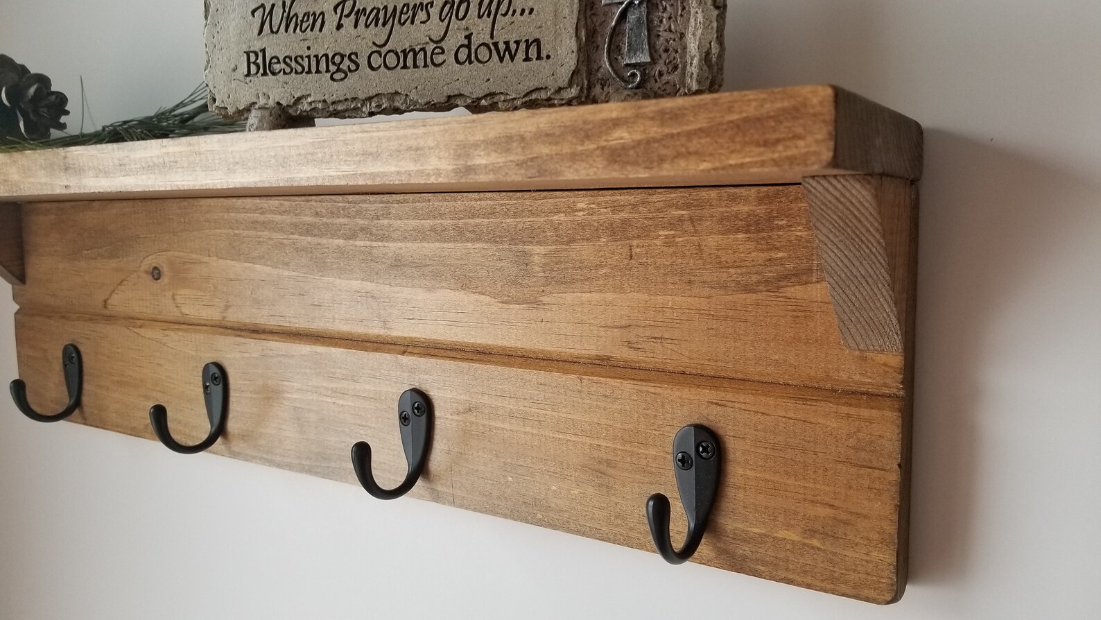 Rustic Wood Shelf With Hooks Wood Shelf With Hooks Entryway Etsy