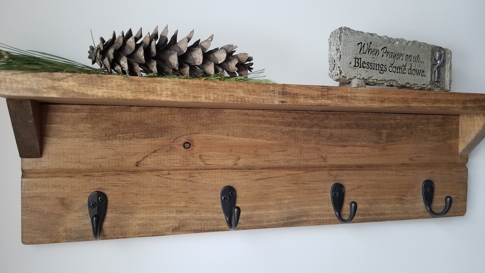Rustic Wood Shelf With Hooks Wood Shelf With Hooks Entryway Etsy