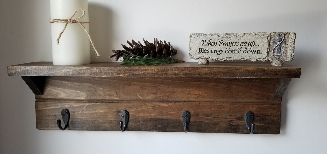 Rustic wood shelf with hooks wood shelf with hooks entryway Etsy