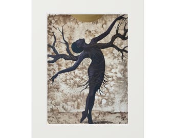 Tree Woman Dancer Illustration Fine Art Print | Coffee Painted Passepartout
