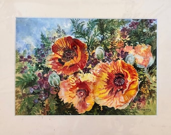 Summer Poppies painting in watercolour. Flowers. Hand painted. Original artwork