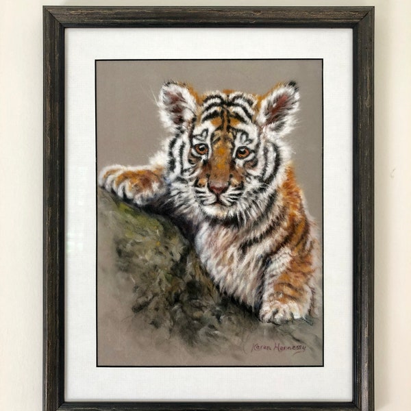 Original Tiger Cub pastel painting, hand panted, wildcat wall decor.