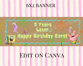 Pancarta de cumpleaños de Bob Esponja / Nombre personalizado, 6 x 2 pies, imprimible (descarga digital)