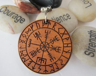 Vegvisir Wayfinder Viking Pendant Nordic Compass Wood Necklace Engraved with Runes Unisex Gift for Him or Her