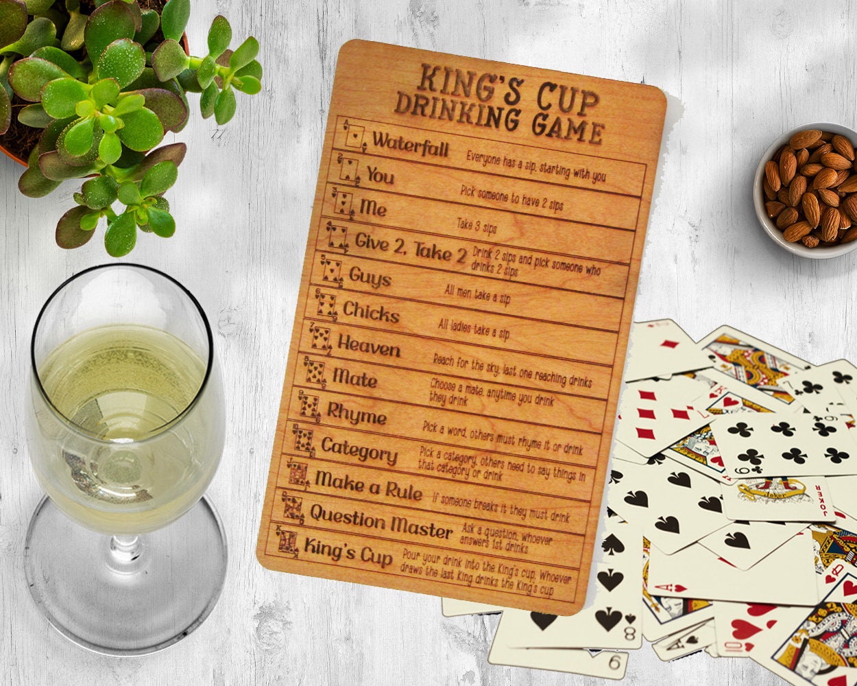 King's Cup Drinking Game Engraved Wood Game Board Personalizable Fun