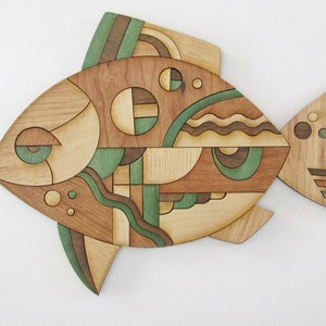 Wood Wall Art Fish MCM Layered Laser Cut Wooden Mid Century Modern Style Perch Picture Plaque Shelf Sitter