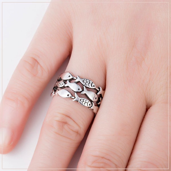 925 Sterling Silver Fish Ring, Bague Poisson, Multilayer Fish ring, Silver Fish Swimming ring, Adjustable, Anillo Peces, Cute Gift for Her