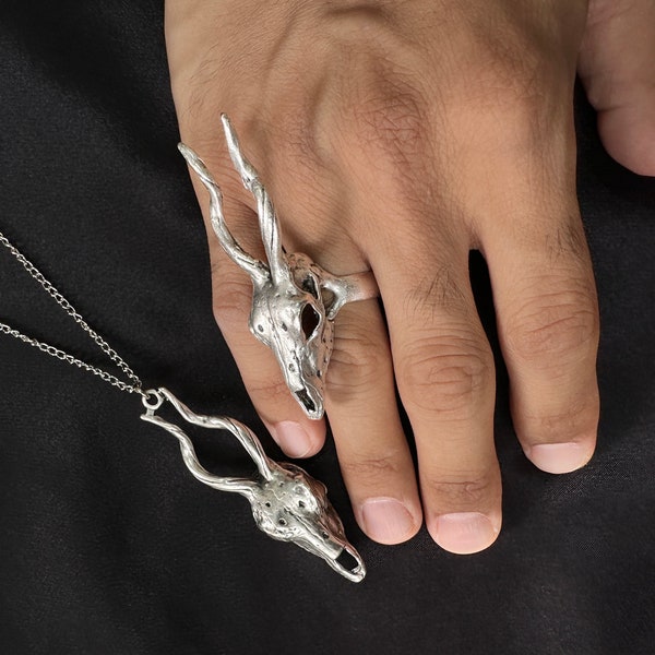 Silver Deer Skull Ring Necklace Set, Animal Caribou Skull Jewelry, Gothic Ring Necklace, Antelope Deer Head Hunting Goth Horn, Gift Set