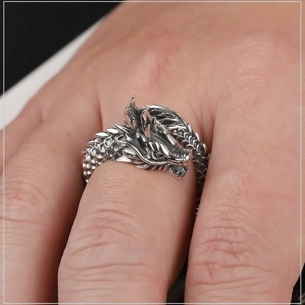 Silver Dragon Ring fully Adjustable Animal Boho jewelry, Unisex Masculine Rings, Vintage Silver Ring, Mens Fashion Ring, Gothic Ring for Men