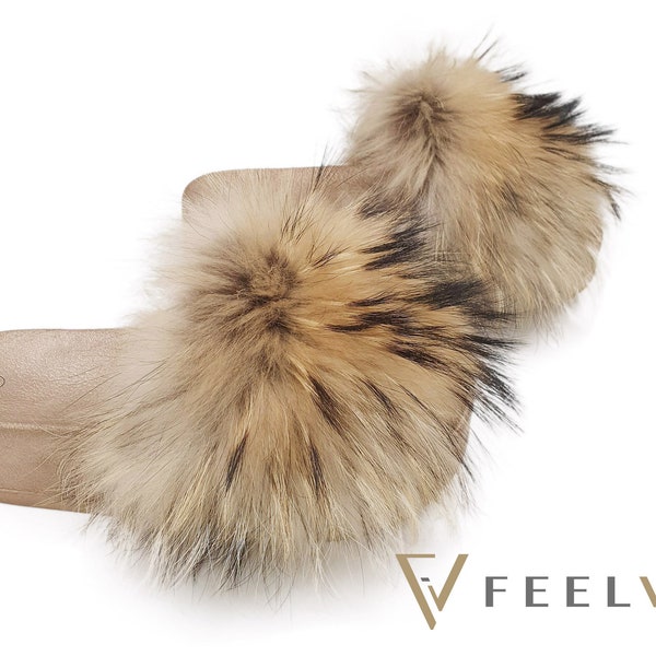 Real fox fur slides , Gold sandals women , Work from home with furry slides