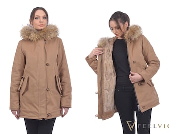 Lange beige Parka jas met natuurlijke bruine fox fur capuchon