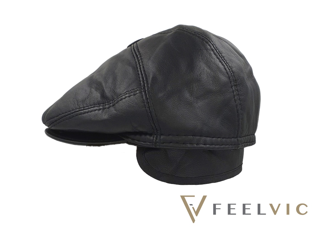 Mens Flat Cap From Real Leather With Lining and Ear Flaps , Mens Winter