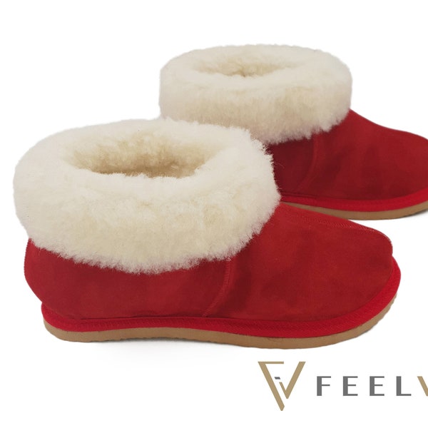 Personalized gift boots slippers , work from home with sheepskin boots slippers for women in red colour