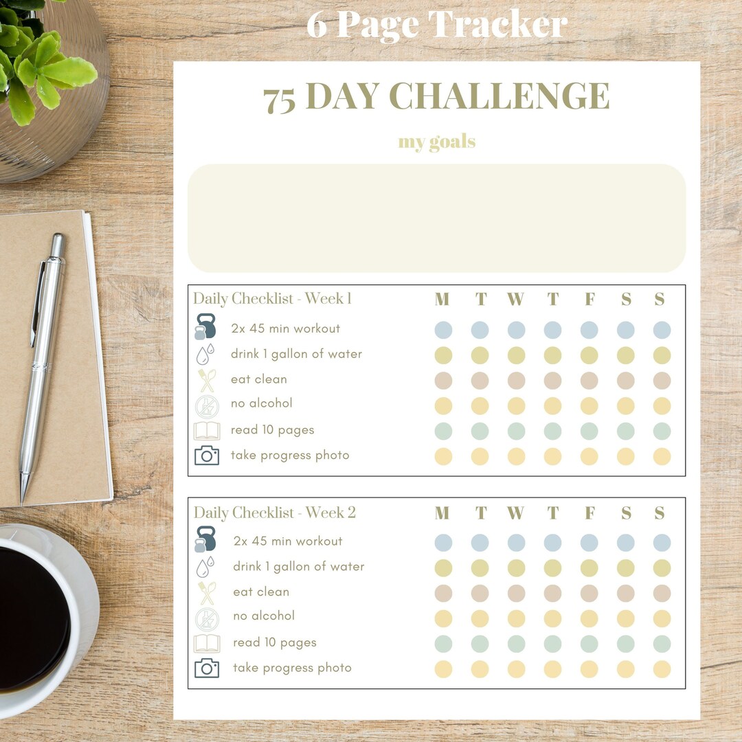 75 Day Challenge Fitness Tracker PDF Digital Print, 6 Pages Etsy
