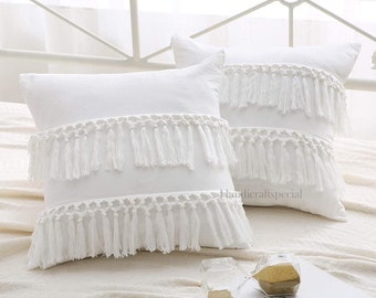 Chlophy White Rectangle Cushion Cover Boho 12x20 30x50CM Set of 2 Pack Bolster Cushion Covers Tassel Fringe Decorative Bohemian Quilted Textured Matelasse Cotton Moroccan Lumbar Pillow Cover Jacquard Chlophy White Rectangle Cushion Cover Boho 12x20 30x50CM Set of 2 Pack Bolster Cushion Covers Tassel Fringe Decorative Bohemian Quilted Textured Matelasse Cotton Moroccan Lumbar Pillow Cover Jacquard