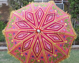 So Pretty Indian Handcrafted Elephant Embroidery Large Decorative Bohemians Garden Umbrella Sun Shade Cotton Outdoor Parasol Designer