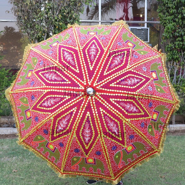 So Pretty Indian Handcrafted Elephant Embroidery Large Decorative Bohemians Garden Umbrella Sun Shade Cotton Outdoor Parasol Designer