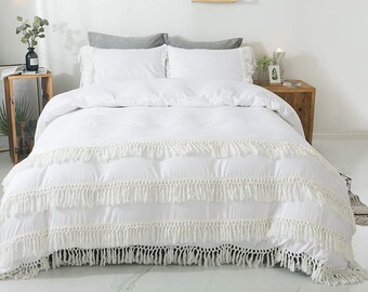 Pur coton blanc Boho Literie Gland Housse de couette à franges 3 Pcs 100% coton lavé Élégant Ruffle Couette Doona Covers Quilt Comforter Cover