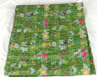 Indian Green Solid Kantha Flower Printed Cotton Quilt Beautiful Handmade Quilt Handwork Vintage Bed Cover Throw Blanket Bedspread Kantha