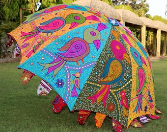 Unique Art Bohemian Garden Umbrella, Parrot Embroidery Design Exclusive Umbrella, Wedding  Parasols, Large Size Pool Umbrella