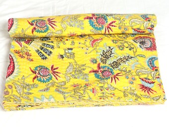 Handmade Yellow Cotton Kantha Quilt Handwork Bedding Bedspread King Size Kantha Bed Cover Vintage Throw Blanket Twin/Queen Quilts