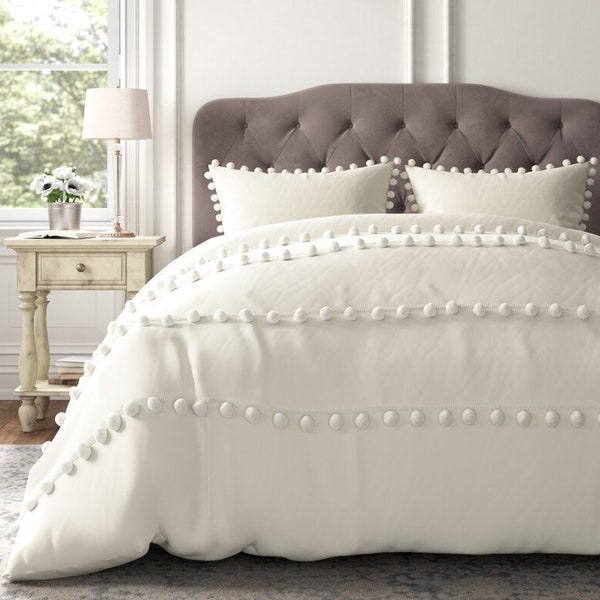 5 Pcs Washed White Cotton Pom-Pom Duvet Cover Boho Bedding Sets 100% Cotton Exclusive Duvet Cover UO Bedding Queen & King Size Duvet Cover