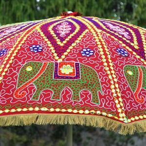 So Pretty Indian Handcrafted Elephant Embroidery Large Decorative Bohemians Garden Umbrella Sun Shade Cotton Outdoor Parasol Designer image 5