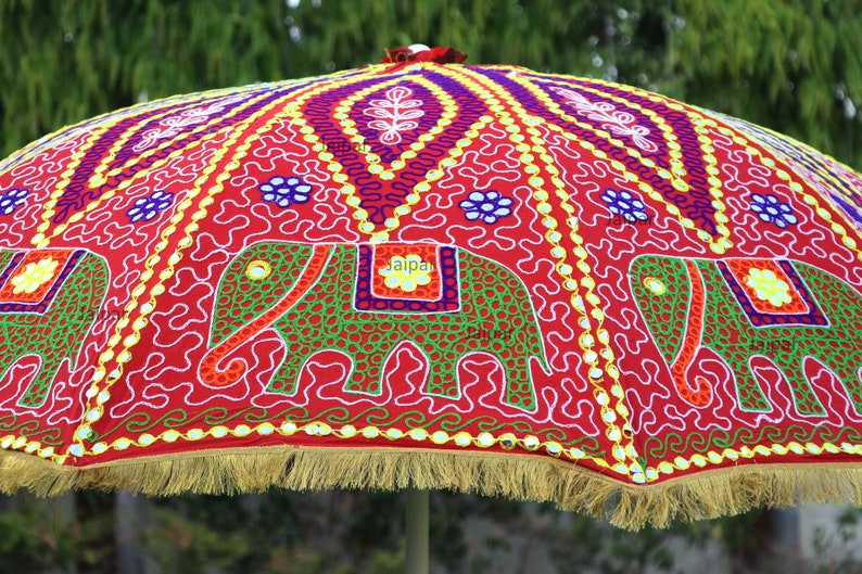 So Pretty Indian Handcrafted Elephant Embroidery Large Decorative Bohemians Garden Umbrella Sun Shade Cotton Outdoor Parasol Designer image 5