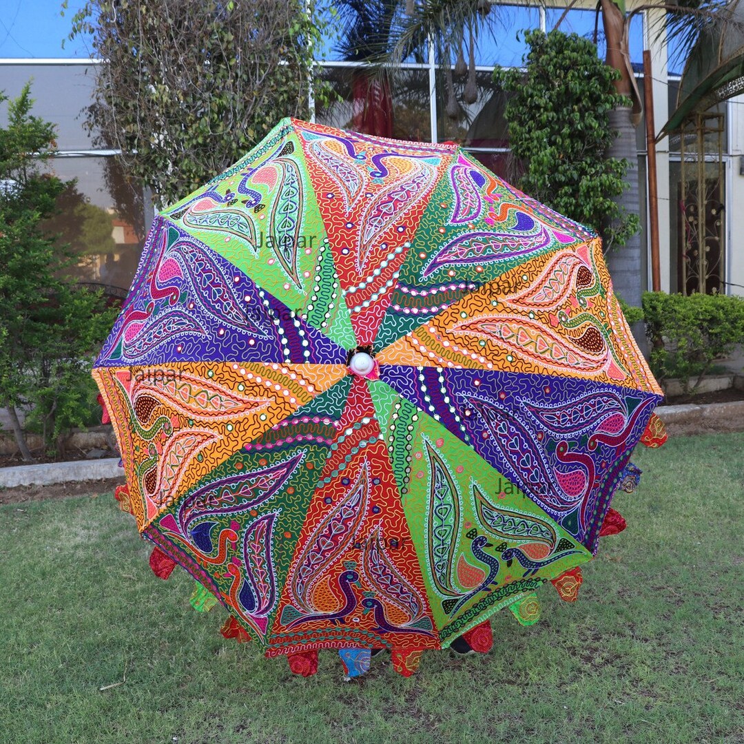 Twin Peacock Embroidery Design Indian Handmade Large Parasol New