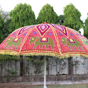 So Pretty Indian Handcrafted Elephant Embroidery Large Decorative Bohemians Garden Umbrella Sun Shade Cotton Outdoor Parasol Designer image 7