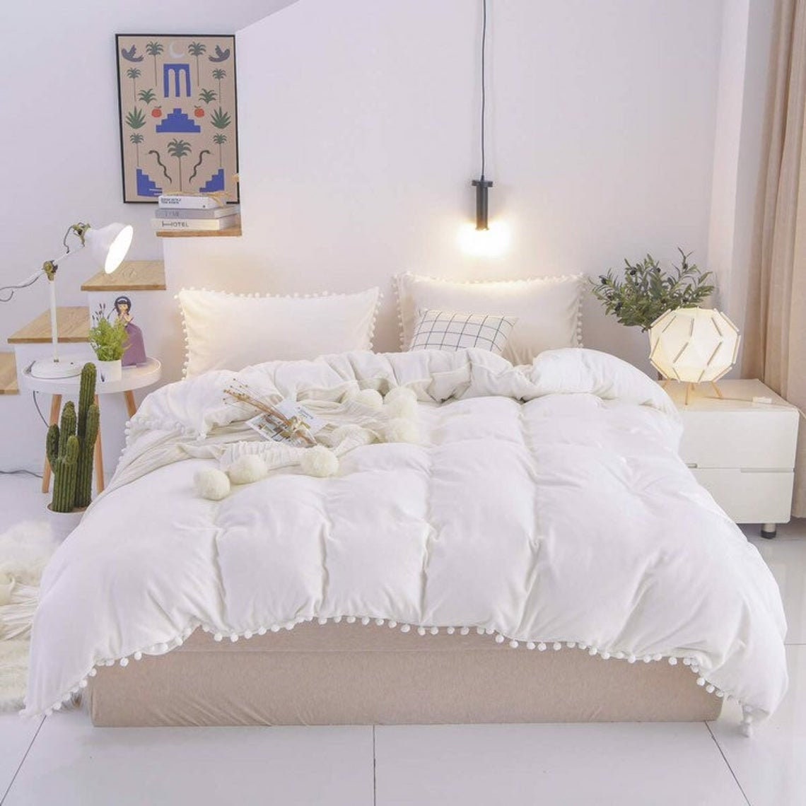 3 Piece Cotton White & Ivory Pom-pom Duvet Cover Boho Bedding | Etsy