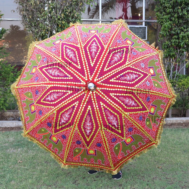 So Pretty Indian Handcrafted Elephant Embroidery Large Decorative Bohemians Garden Umbrella Sun Shade Cotton Outdoor Parasol Designer image 1