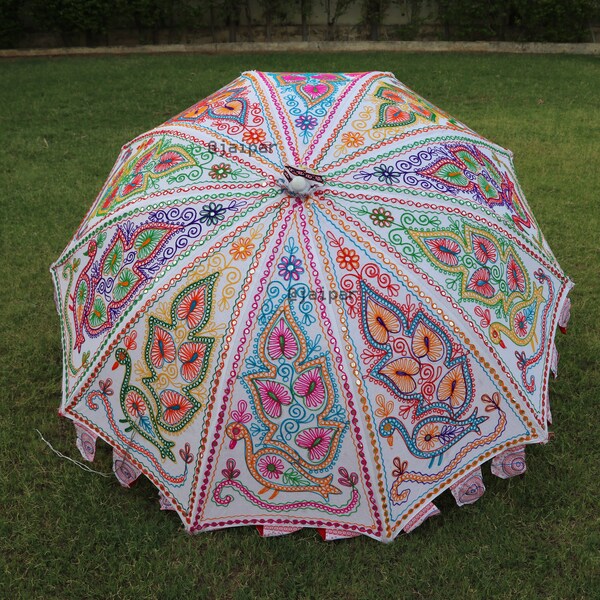 Garden Parasol Umbrella with Peacock Embroidery Design Outdoor Patio Decoration, Beach Umbrella,Indian Handmade Large Garden Umbrella