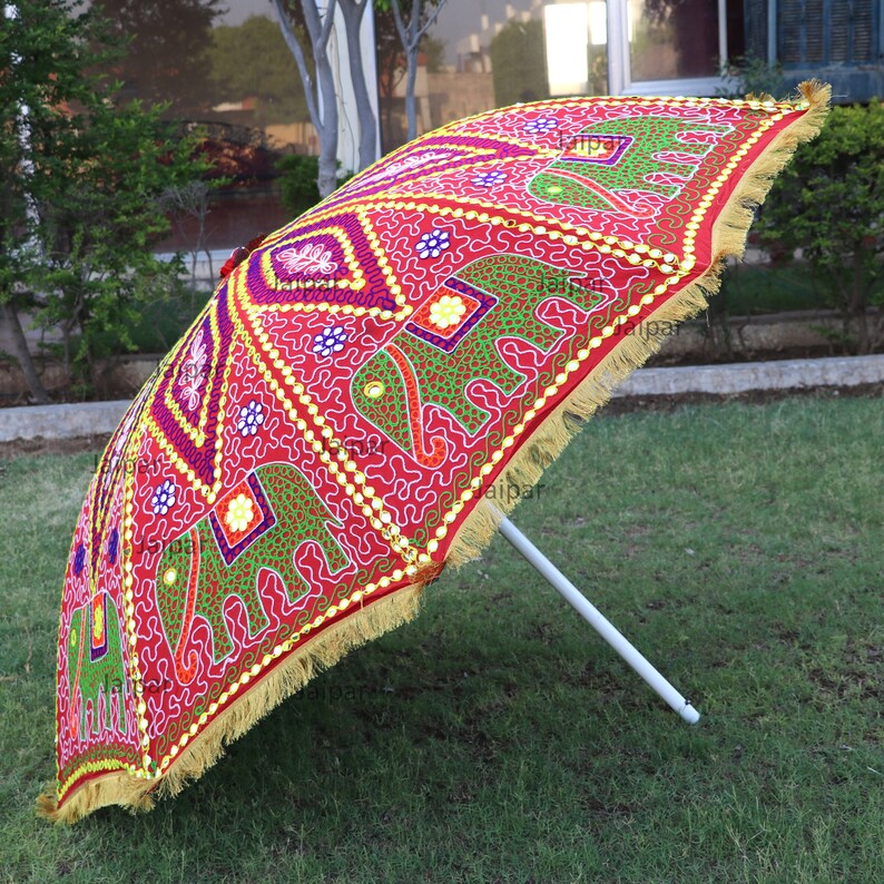 So Pretty Indian Handcrafted Elephant Embroidery Large Decorative Bohemians Garden Umbrella Sun Shade Cotton Outdoor Parasol Designer image 6