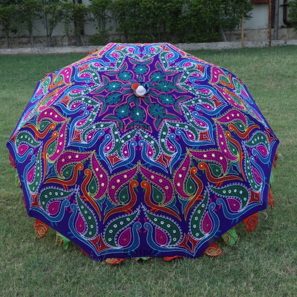 Indian Peacock Art Bohemian Garden Umbrella, Mandala Exclusive Umbrella, Wedding Umbrella Parasols, Large Size Pool Umbrella, Beach Decor