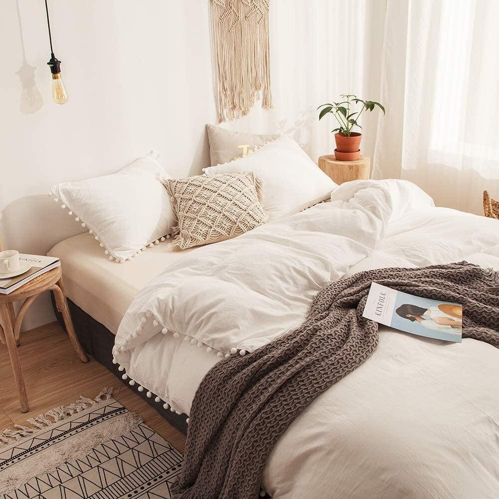 3 Piece Cotton Ivory & White Pompom Duvet Cover Boho Bedding Etsy