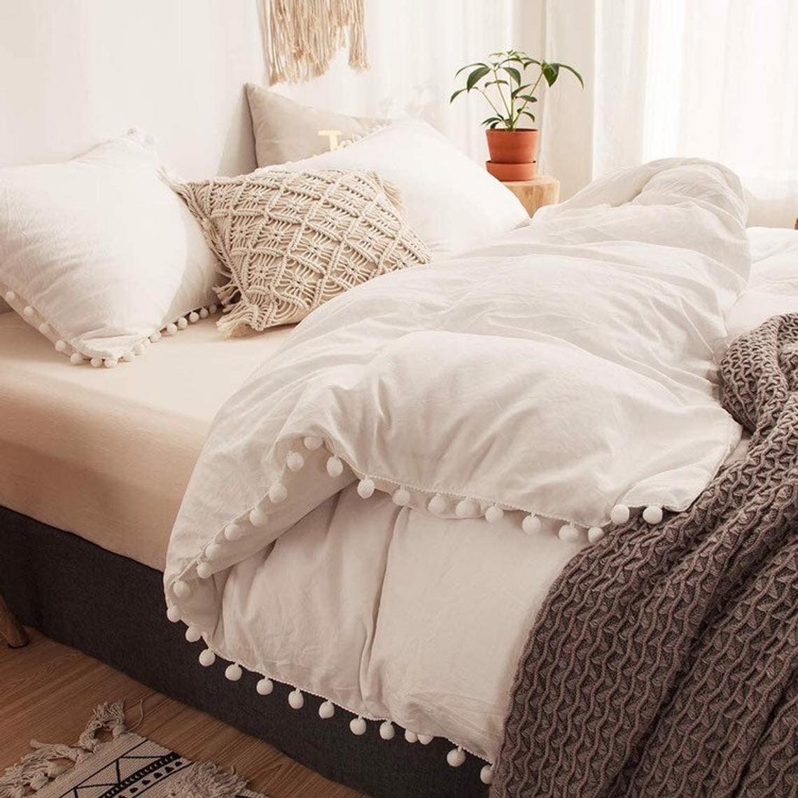 3 Piece Cotton White & Ivory PomPom Duvet Cover Boho Bedding Etsy