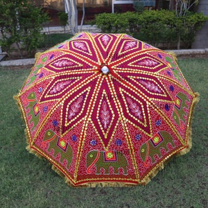 So Pretty Indian Handcrafted Elephant Embroidery Large Decorative Bohemians Garden Umbrella Sun Shade Cotton Outdoor Parasol Designer image 3