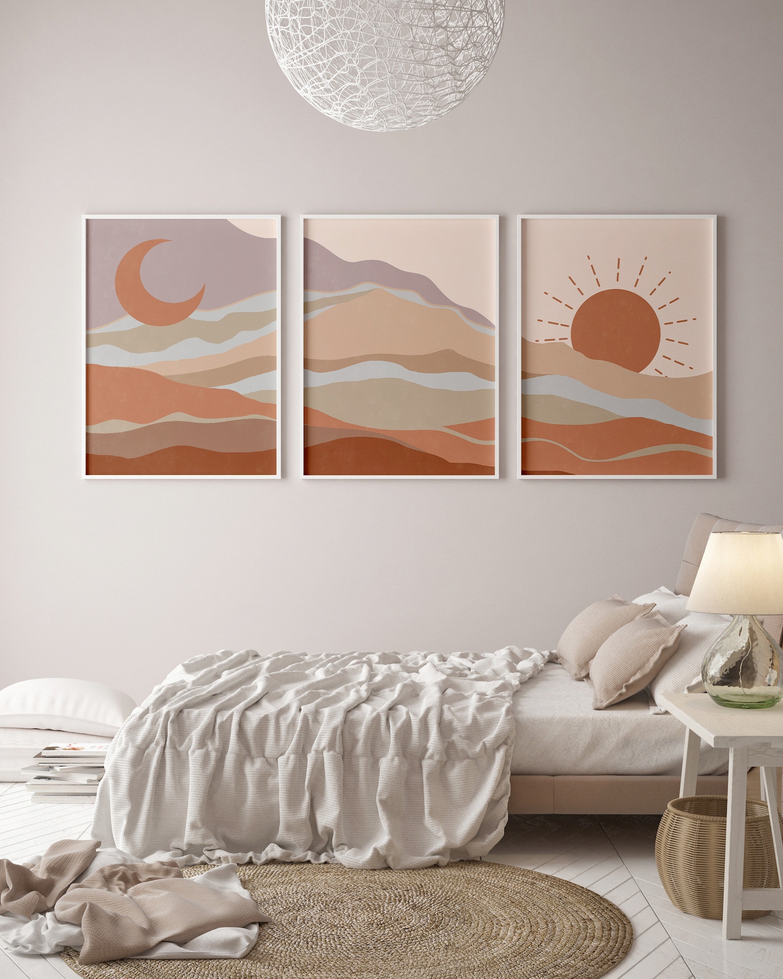 Sun and Moon Boho Print Bohemian Wall Art Set of 3 Prints Etsy