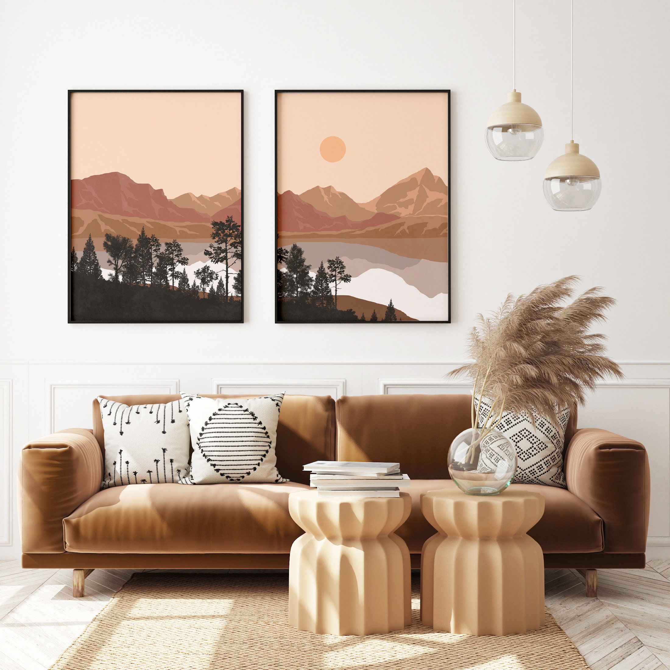 Boho Landscape 2 Piece Wall Art Nature Print Set Brown Etsy