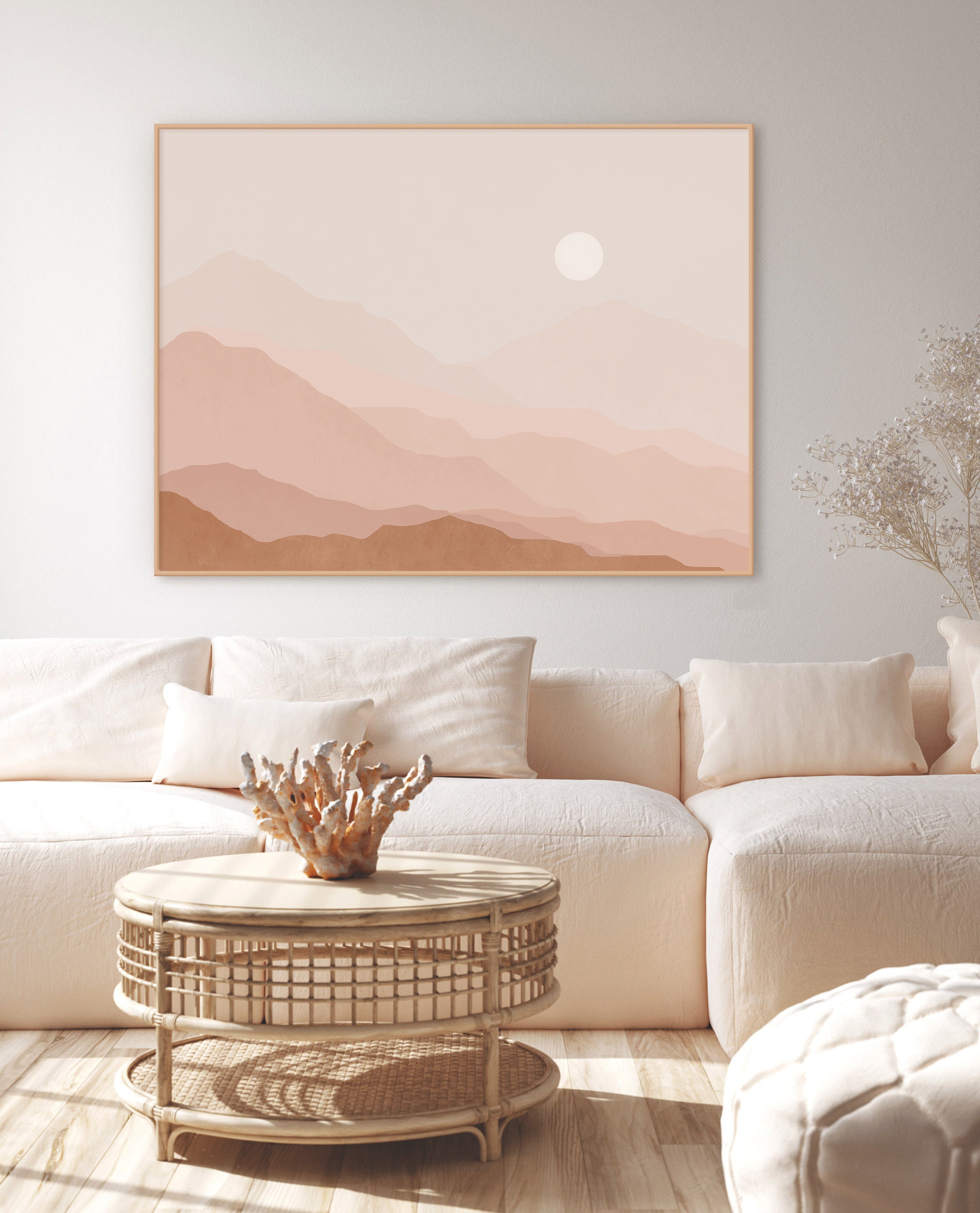 Neutral Sun and Mountain Art Print Horizontal Landscape Wall Etsy