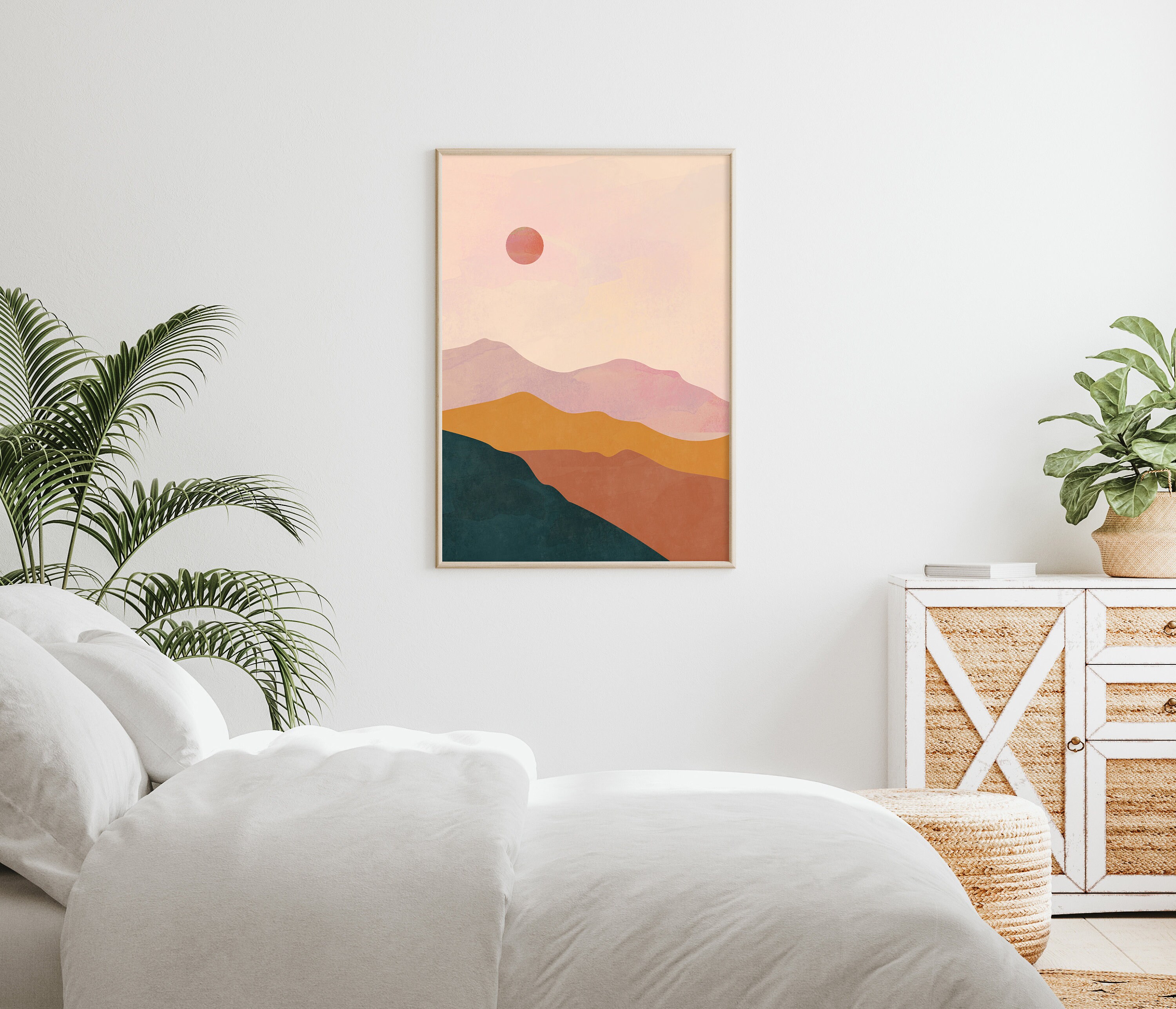 Sun and Mountain Print Pink Terracotta Abstract Landscape | Etsy