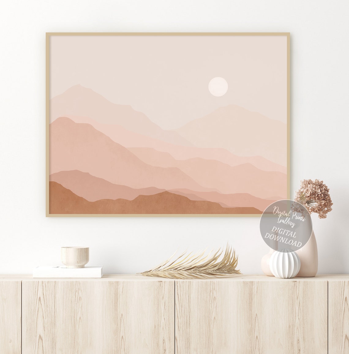 Neutral Sun and Mountain Art Print Horizontal Landscape Wall Etsy