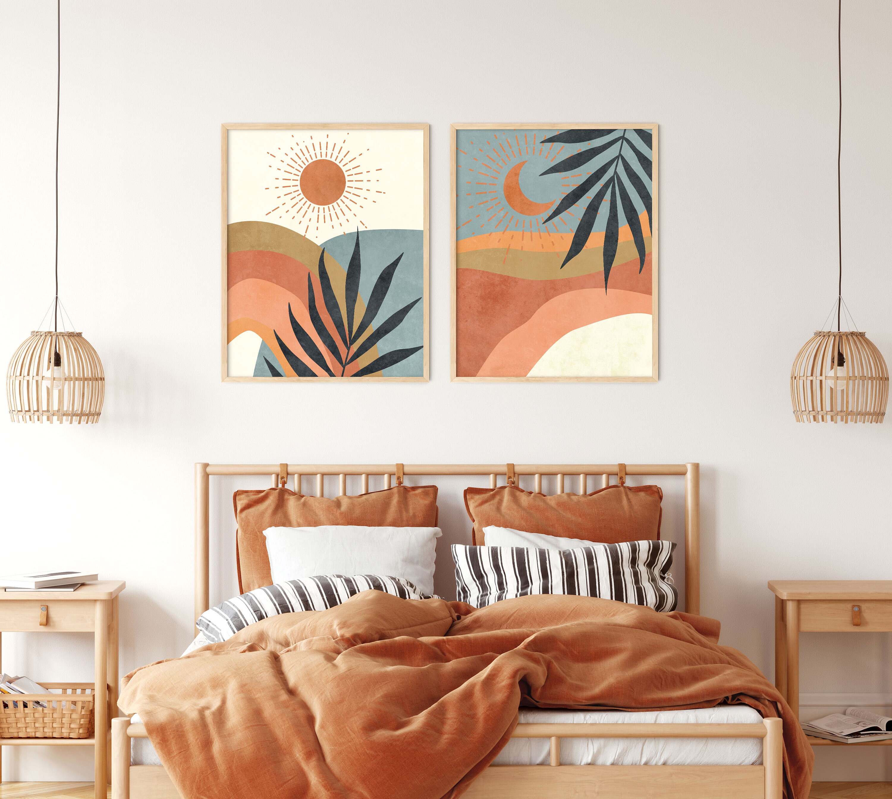 Mid Century Modern Print Tropical Art Print Set of 2 Blue Etsy