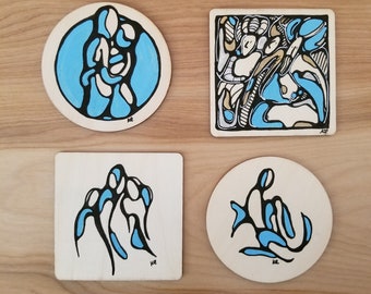 Wood Coasters Set, Coasters Wood with Color, Abstract Figure Painting, Gift for Mom, Present for Dad, Drink Coasters Handmade, Table Decor